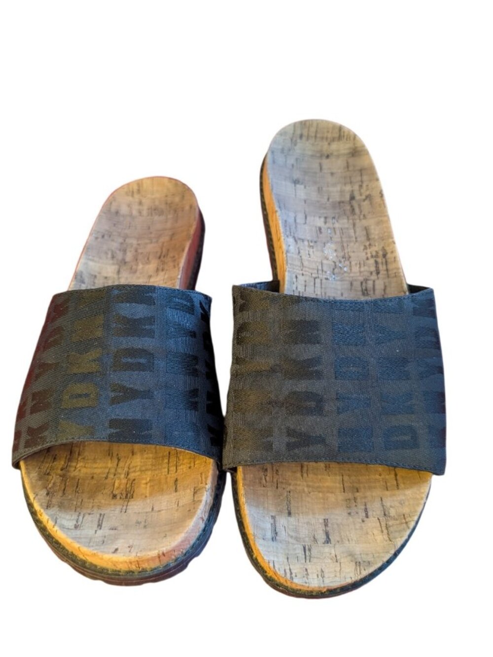 DKNY Logo Slide Sandals Y2K  Style Cork Flip Flips Sole Black 9/40